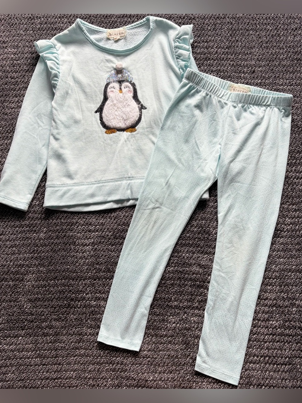 Girls Turquoise Glitter Penguin Outfit - Pullover Sweater & Leggings Set, Size 6